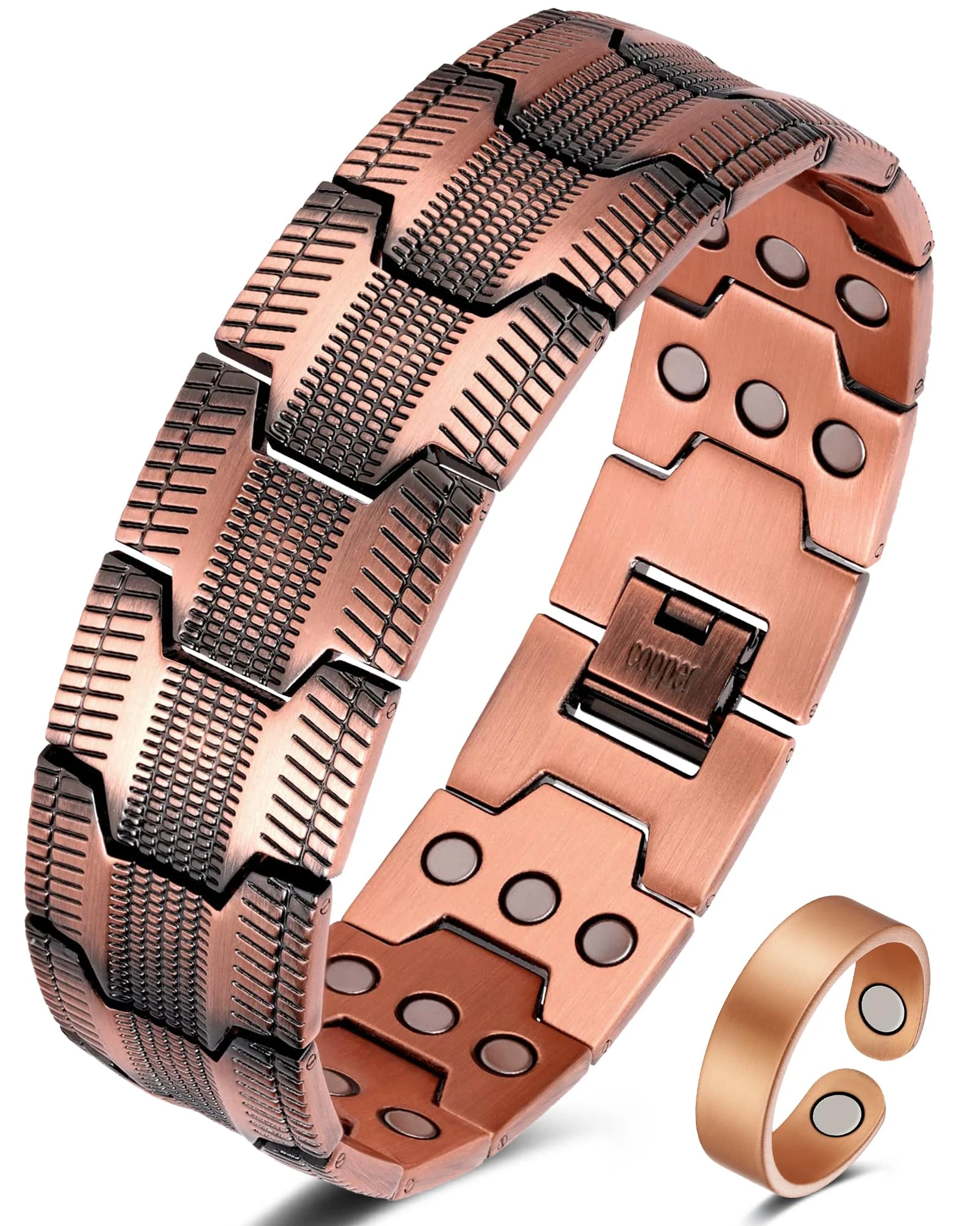 Jeracol Copper Bracelets for Men,3X Magnetic Bracelets Men &copper ring with Ultra Strength Magnets,Adjustable Size&Jewelry Gift Box
