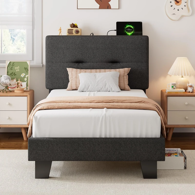 Feonase Single Bed Frame with Charging Station, Linen Upholstered Platform Bed Frame Single Beds with Storage Headboard, Wooden Slat Support, Noise Free, Easy Assembly, Dark gray