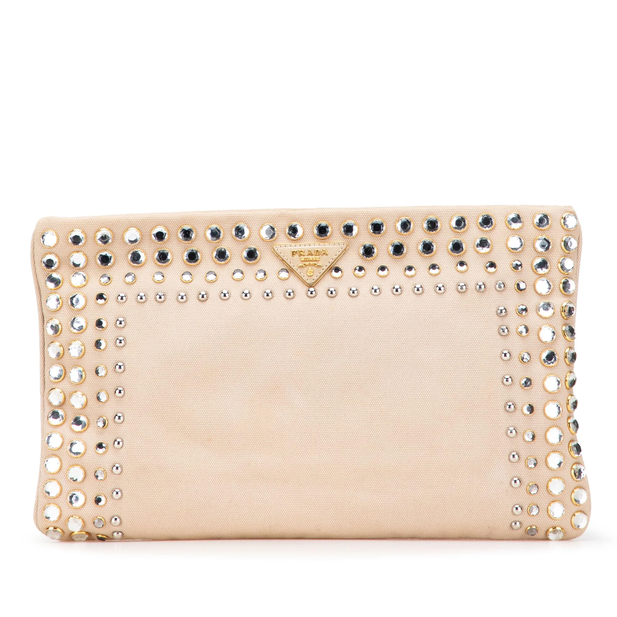 Prada Pre-Loved Canvas Canapa Studded Vernice Clutch