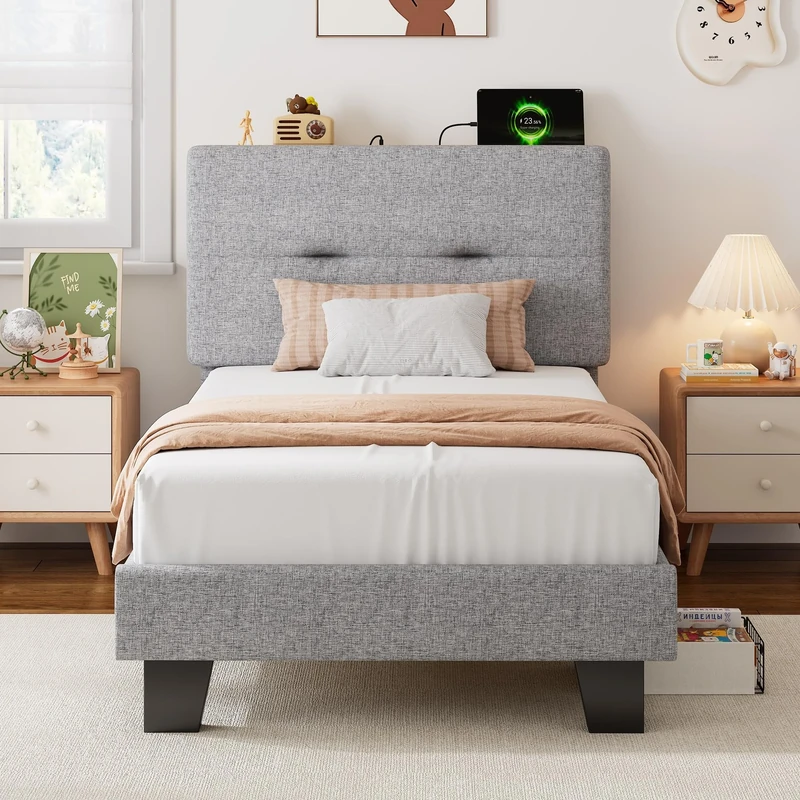 Feonase Single Bed Frame with Charging Station, Linen Upholstered Platform Bed Frame Single Beds with Storage Headboard, Wooden Slat Support, Noise Free, Easy Assembly, Light gray