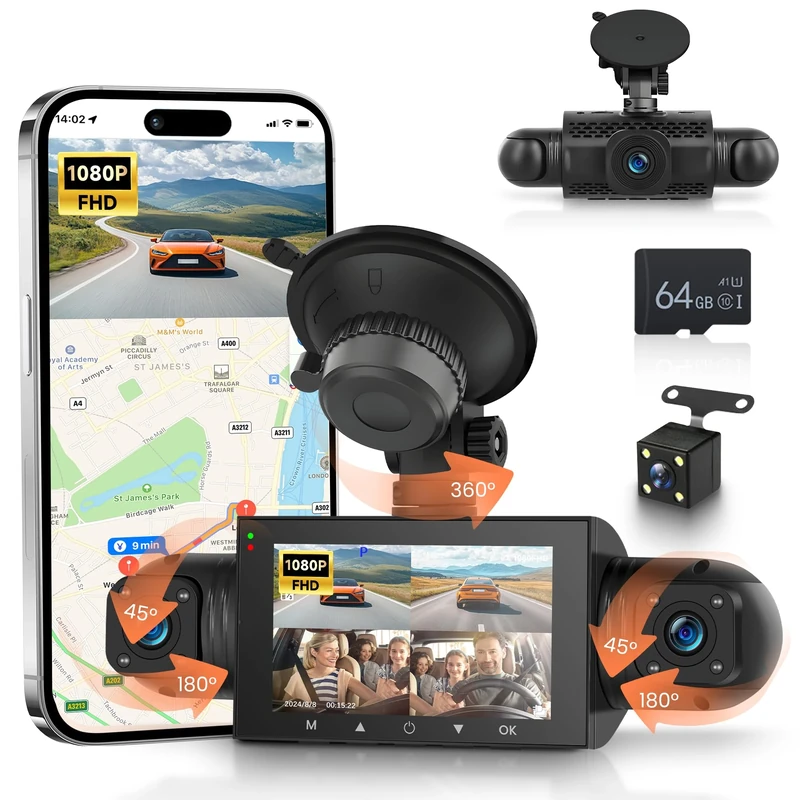 Rimoody 4-Channel 360° Dash Cam, 3 Inch 1080P Car DVR with Front/Rear/Inside/Side Cameras, WiFi App Control, Night Vision, G-Sensor, Loop Record, 24H Parking Monitor + 64G TF Card