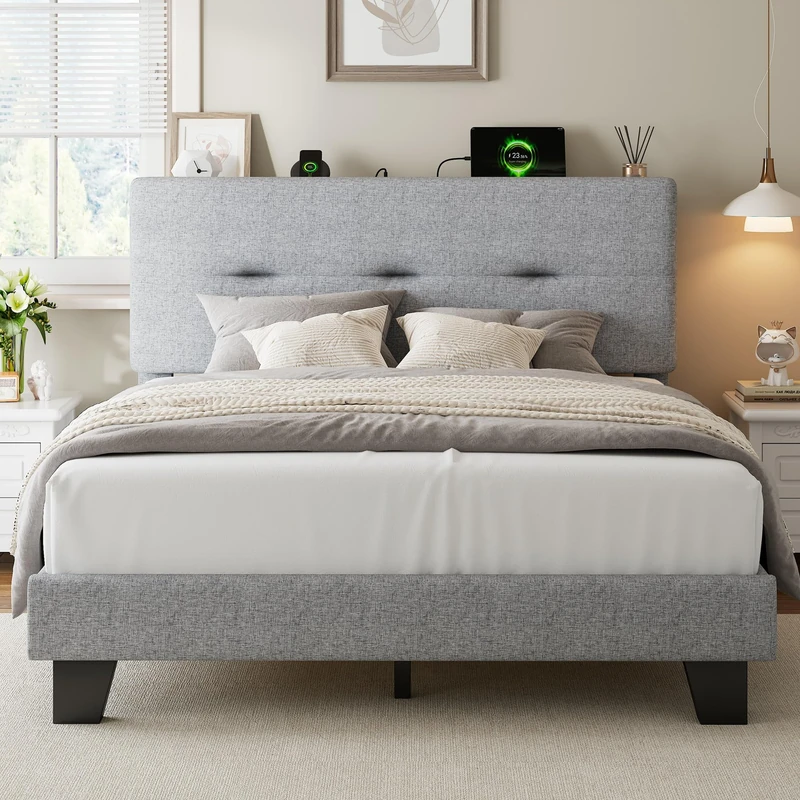 Feonase Double Bed Frame with Charging Station, Linen Upholstered Platform Bed Frame Double Beds with Storage Headboard, Wooden Slat Support, Noise Free, Easy Assembly, Light gray