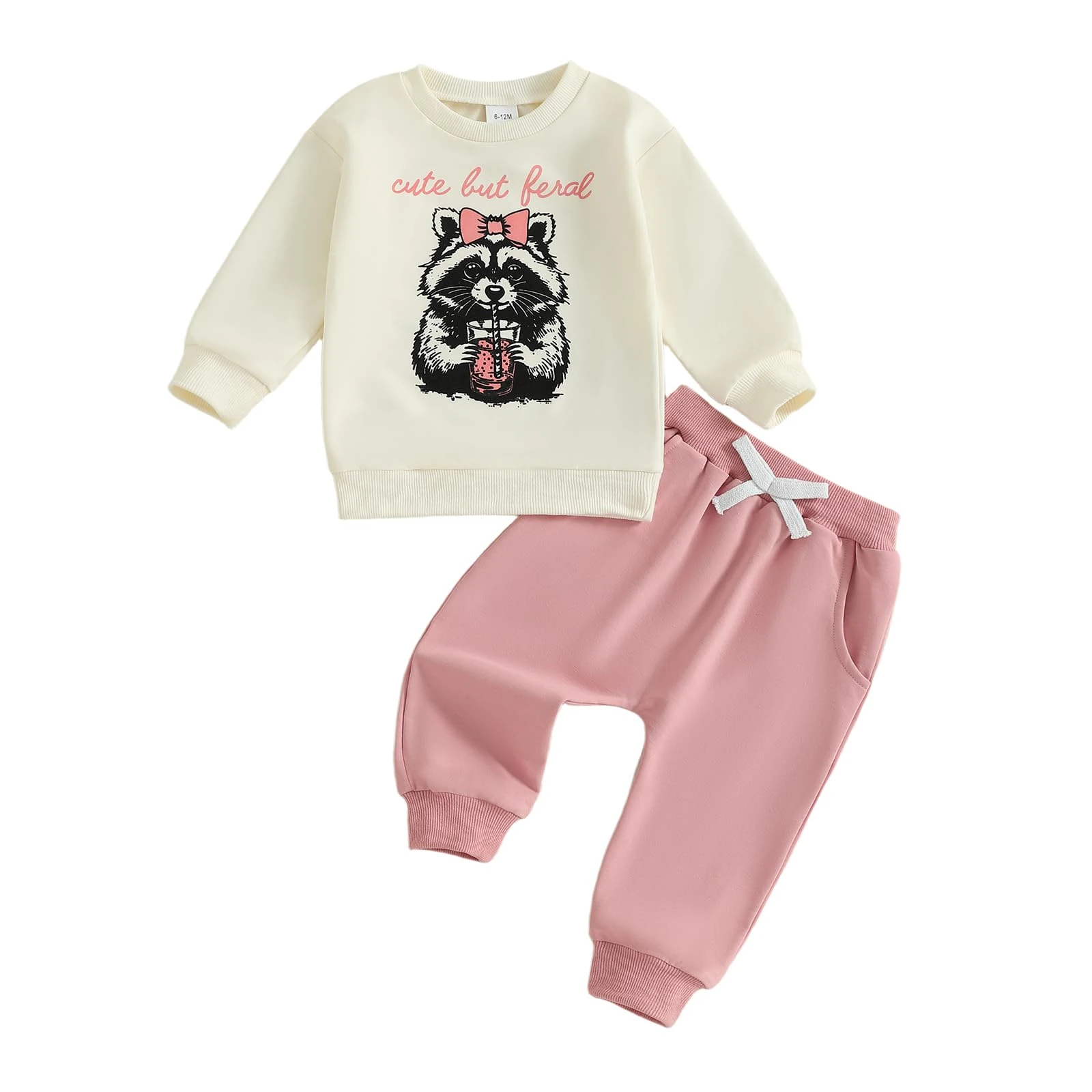 Geagodelia Cute But Feral Raccoon Print Newborn Baby Girl Winter Clothes Long Sleeve Tops and Trousers Set Girls Coming Home Outfit (Beige, 12-18 Months)