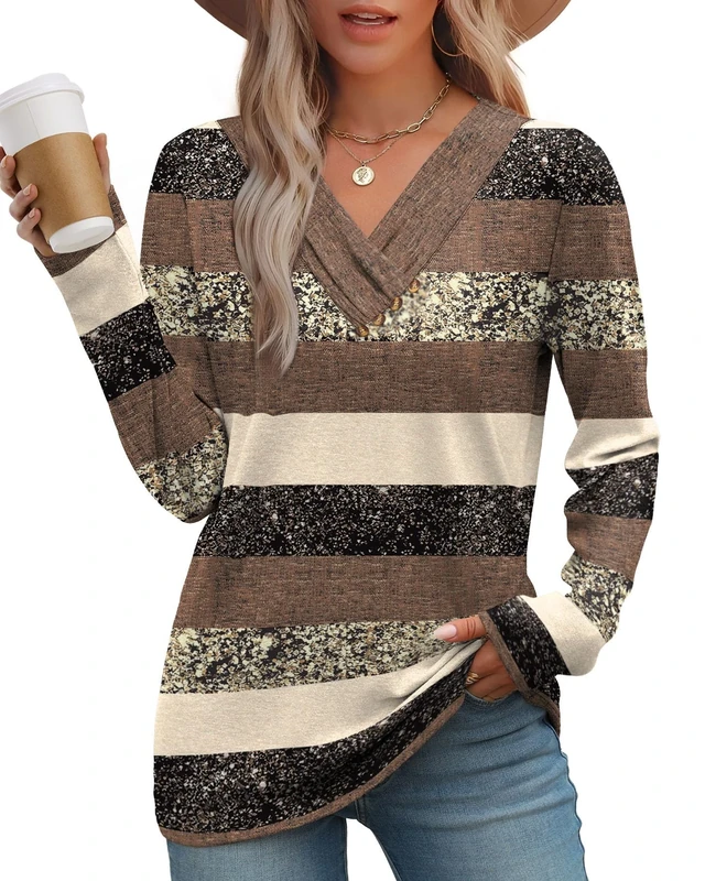 WIHOLL Women's Jumpers Long Sleeve Tops V Neck Ladies Tunic Tops Brown Stripe Size 22-24