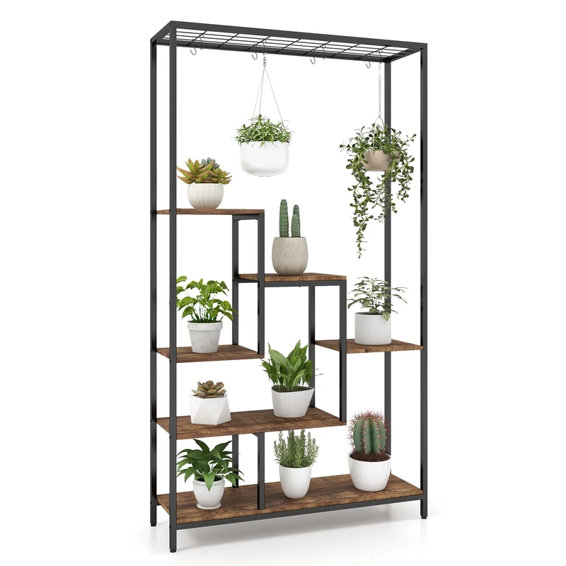 FANTASK 6 Tier Plant Stand, Metal Flower Shelf with 10 S-Hooks & Grid Shelf, Indoor Flower Stand for Balcony, Living Room, 180 cm (Rustic Brown) - Image 1