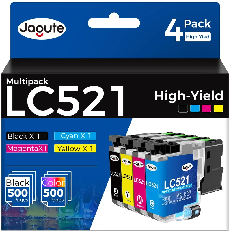 LC521 Ink Cartridges Combo Pack for Brother LC 521 LC521VAL Compatible for Brother DCP-J1260W DCP-J1310DW DCP-J1313DW DCP-J1360DW DCP-J1460DW (4 Pack, LC-521BK/LC-521C/LC-521M/LC-521Y)