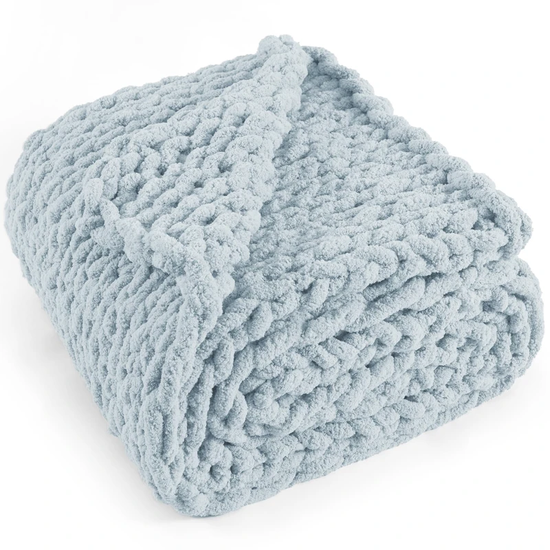 LONG CREATE Chunky Knit Throw Blanket 60"X 80", 100% Handmade with Soft Chenille Yarn, 6.7lbs Thick Cable Knitted Blankets, Large Rope Knot Crochet Throws for Couch Sofa Bed Home Decor, Baby Blue
