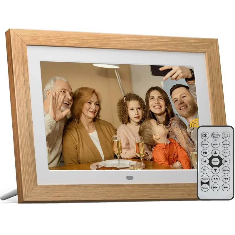 Digital Photo Frame 10 inch, BWJBSW Digital Picture Frame with Remote Control, HD Display Photo and Video with BGM, Support Max 32GB SD Card, USB, Auto Rotate, Auto ON/OFF, Detachable Wooden Frame