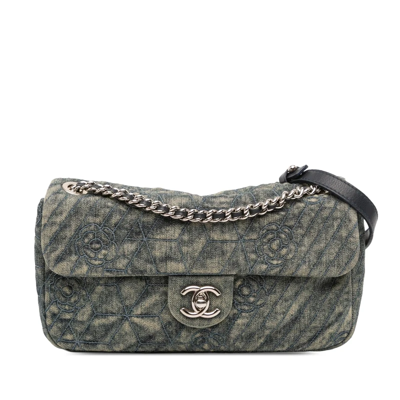 Chanel Pre-Loved Medium Embroidered Denim Camellia Flap
