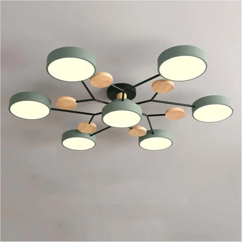 Modern Flush Mount Ceiling Light, Nordic Wood Ceiling Light with Acrylic LED Shade, Semi Flush Round Light Fixture for Living Room, Bedroom, Dining Room, Kitchen (Green,Three-colorLight-7Heads)