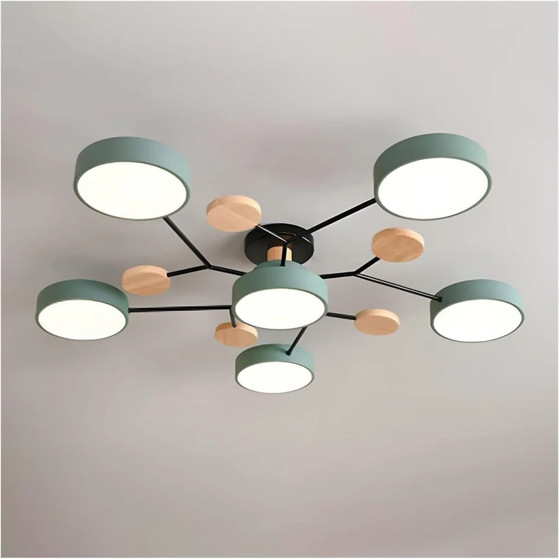Modern Flush Mount Ceiling Light, Nordic Wood Ceiling Light with Acrylic LED Shade, Semi Flush Round Light Fixture for Living Room, Bedroom, Dining Room, Kitchen (Green,Three-colorLight-6Heads)