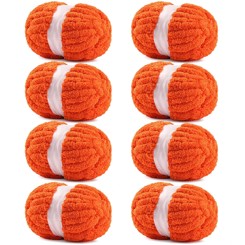 8 Pack Chunky Yarn for Hand Knitting - #10 Super Bulky Chenille Yarn, Fluffy Jumbo for Thick Hand-Knit Blankets, Scarves, and Cozy Home Decor (8, Orange)