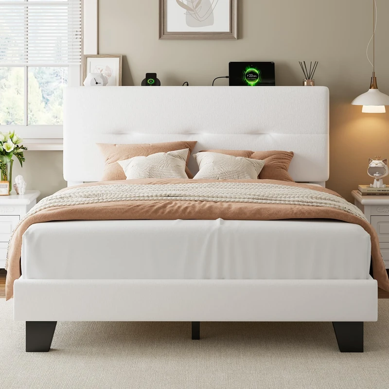 Feonase Double Bed Frame with Charging Station, Velvet Upholstered Platform Bed Frame Double Beds with Storage Headboard, Wooden Slat Support, Noise Free, Easy Assembly, Beige