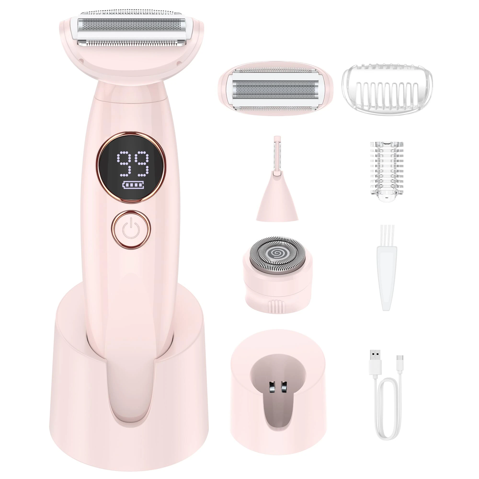 Women's Shaver, 3-in-1 Intimate Shaver for Women, Facial Hair Remover for Women, Women's Shaver, Electric Wet Dry Shaver, IPX7 Trimmer Women, for Bikini Area, Armpits, Legs, USB Charging, Pink