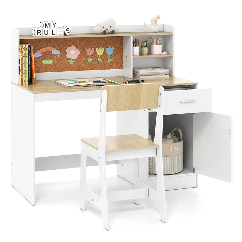 GYMAX Kids Desk and Chair Set, Wooden Student Writing Table with Chair, Open Shelf, Bulletin Board, Drawer & Cabinet, Children Study Desk Set for 3 Years Old+ Boys Girls (White + Natural)