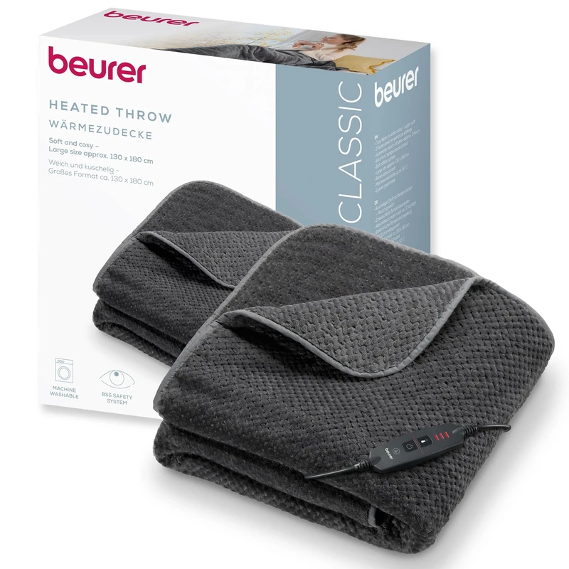 Beurer HD 65 Heated Blanket, Cuddly Heated Blanket with 3 Temperature Levels, Automatic Shut-Off and Safety System, Machine Washable at 30 °C, Made in Europe, Grey