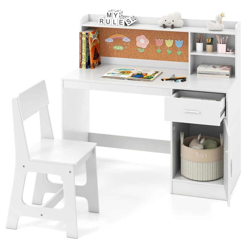 GYMAX Kids Desk and Chair Set, Wooden Student Writing Table with Chair, Open Shelf, Bulletin Board, Drawer & Cabinet, Children Study Desk Set for 3 Years Old+ Boys Girls (White)