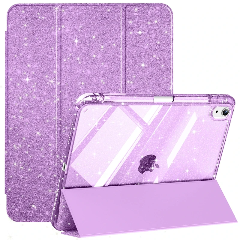 Lsmmpoba Case for iPad Air 11 Inch M3/M2 (2025/2024), iPad Air 5th/4th Generation 10.9 Inch (2022/2020) with Pencil Holder, Hybrid Clear Back Shell Sparkly Cover, Auto Wake/Sleep, Purple