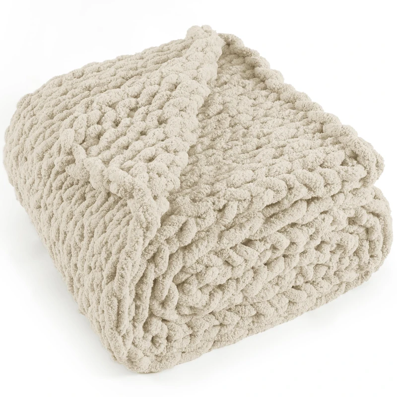LONG CREATE Chunky Knit Throw Blanket 60"X 80", 100% Handmade with Soft Chenille Yarn, 6.7lbs Thick Cable Knitted Blankets, Large Rope Knot Crochet Throws for Couch Sofa Bed Home Decor, Beige