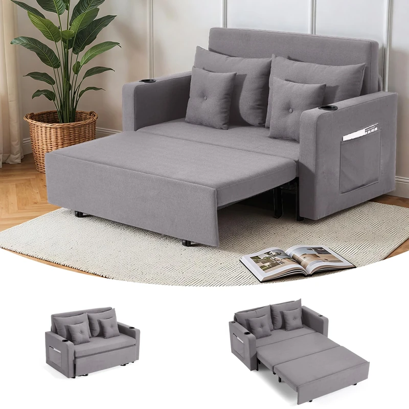 EROMMY Two Seater Sofa Bed,Pull Out Sleeper Sofas,3 in 1 Couch with Cup Holders,USB,Magazine Bag,Lounge Chair for Living Room,Bedroom,Apartment,Grey