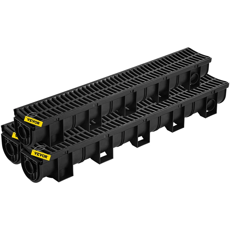 VEVOR Trench Drain System,5.8x5.2x39.4-Inch HDPE Drainage Trench,Channel Drain with Plastic Grate,Black Plastic Garage Floor Drain,3x39 Trench Drain Grate,with 3 End Caps, for Garden, Driveway-3 Pack - Image 1