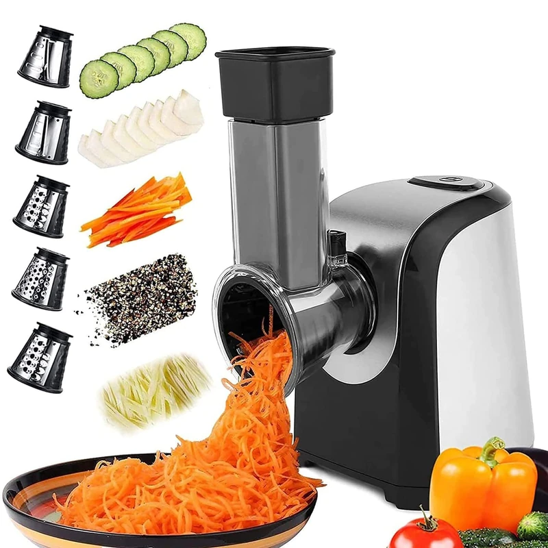 COOCHEER Electric Vegetable Slicer, Professional 150 W Vegetable Slicer, 5-in-1 Multi Grater with Cutting Drums for Vegetables, Cheese, Nuts, Household and Salad Preparation, Dishwasher Safe