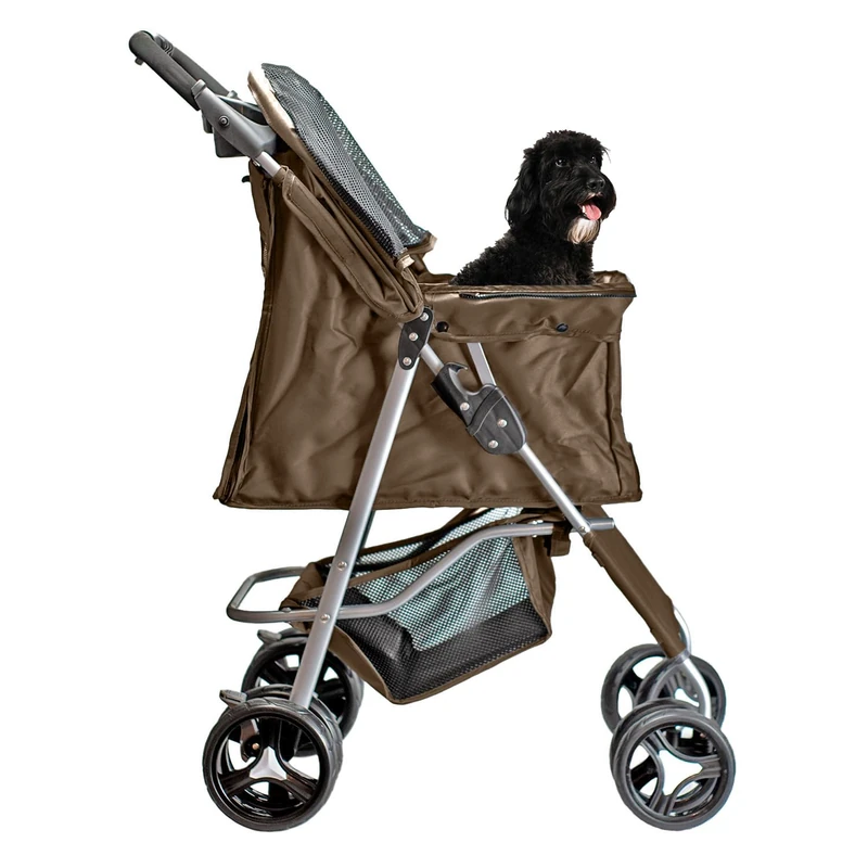 AQPET Folding Stroller for Small Medium Dogs, Comfortable and Practical Pet Carriage, Pram with Double Swivel Wheels, 75 x 45 x 100 cm, Coffee Brown