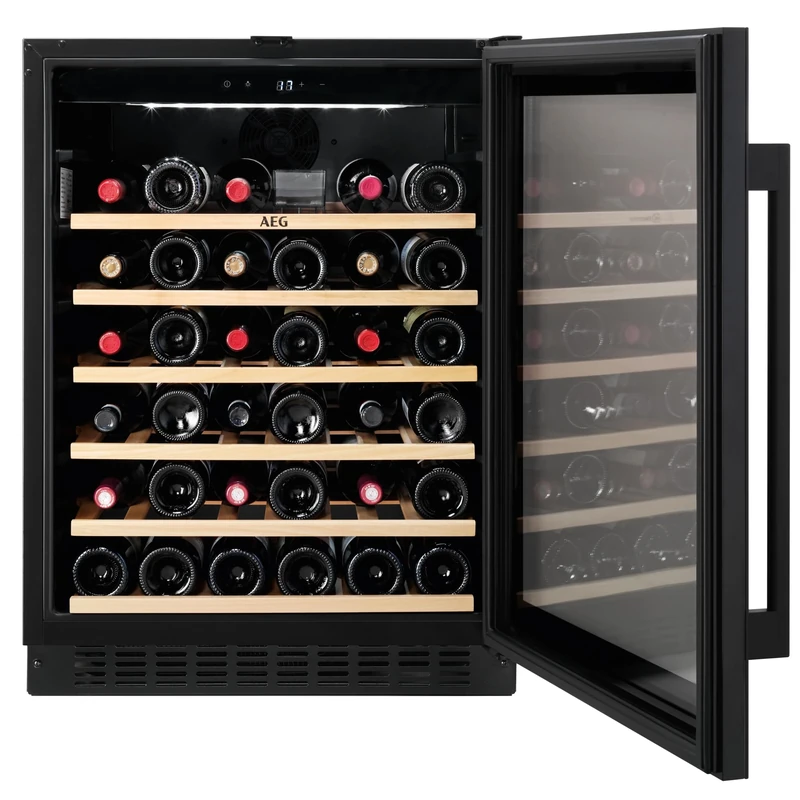 AEG 5000 Series Wine Cooler 82 cm / 52 Btl. Capacity, Integrated Under Counter Wine Fridge, AWS4052B5B, Extendable Wooden Shelves on Telescopic Runners, Cellaring 3 Fundamentals, Top LED Illumination
