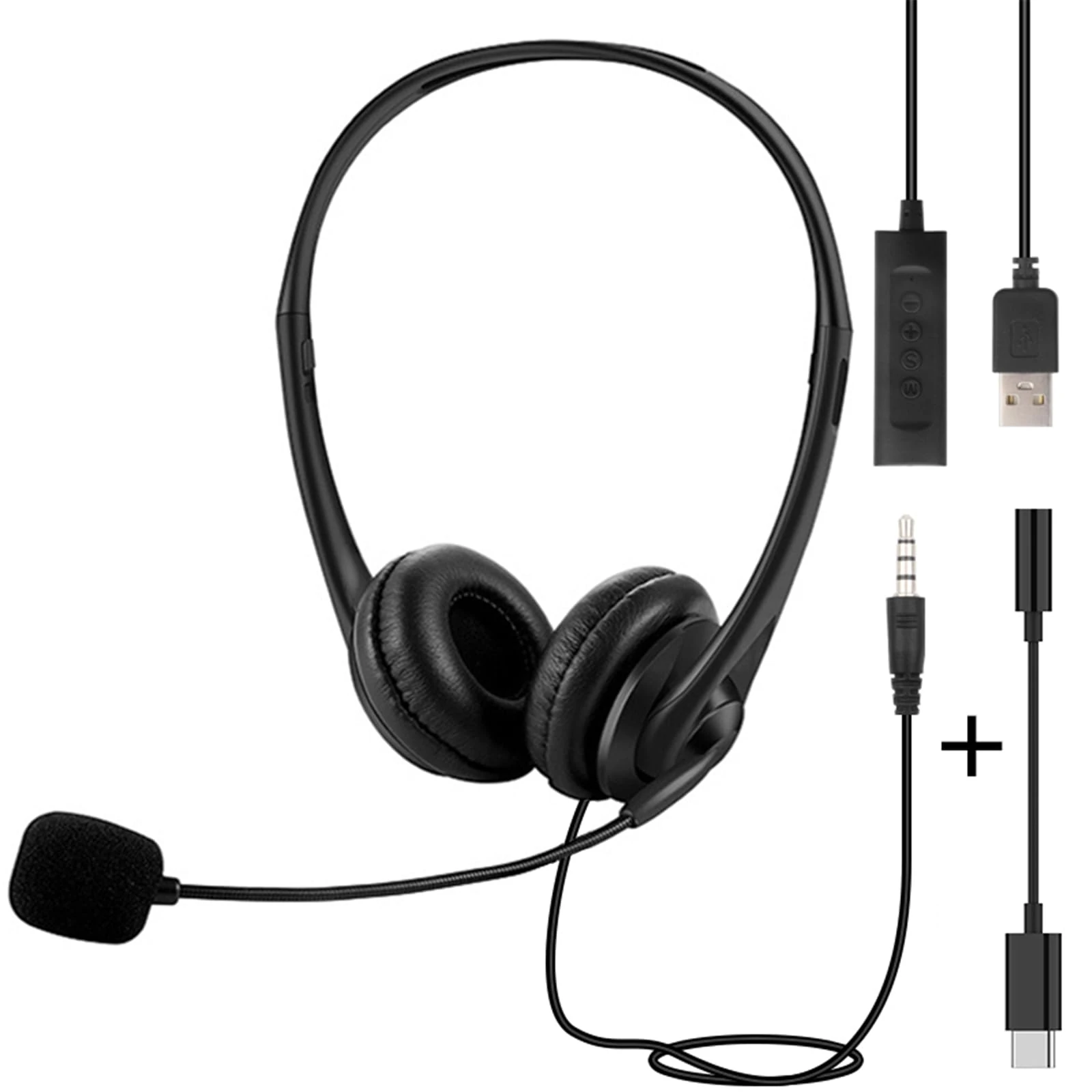 USB Headset for PC Laptop Phone, 3.5mm / USB / Type-C Jack 3-In-1 Wired Headphones with Noise Cancelling Mic & Audio Controls, Adjustable Headband Headset for Call Centers, Home Office, Online Chat