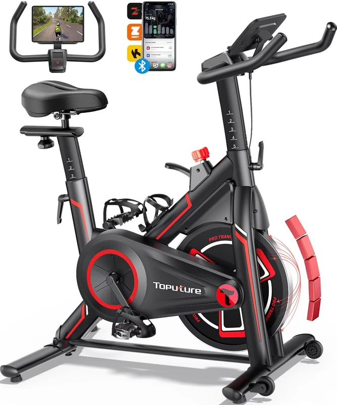 Toputure Exercise Bike with APP, 0-100% Magnetic Resistance Spin Bike with LCD Display, 15kg Flywheel, Ultra-Quiet Indoor Stationary Bike for Home Gym Use, 350lbs Weight Capacity
