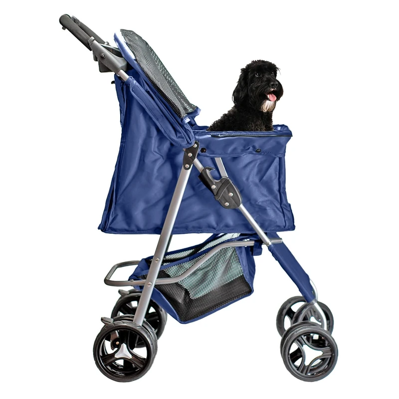 AQPET Folding Stroller for Small Medium Dogs, Comfortable and Practical Pet Carriage, Pram with Double Swivel Wheels, 75 x 45 x 100 cm, Navy Blue - Image 1