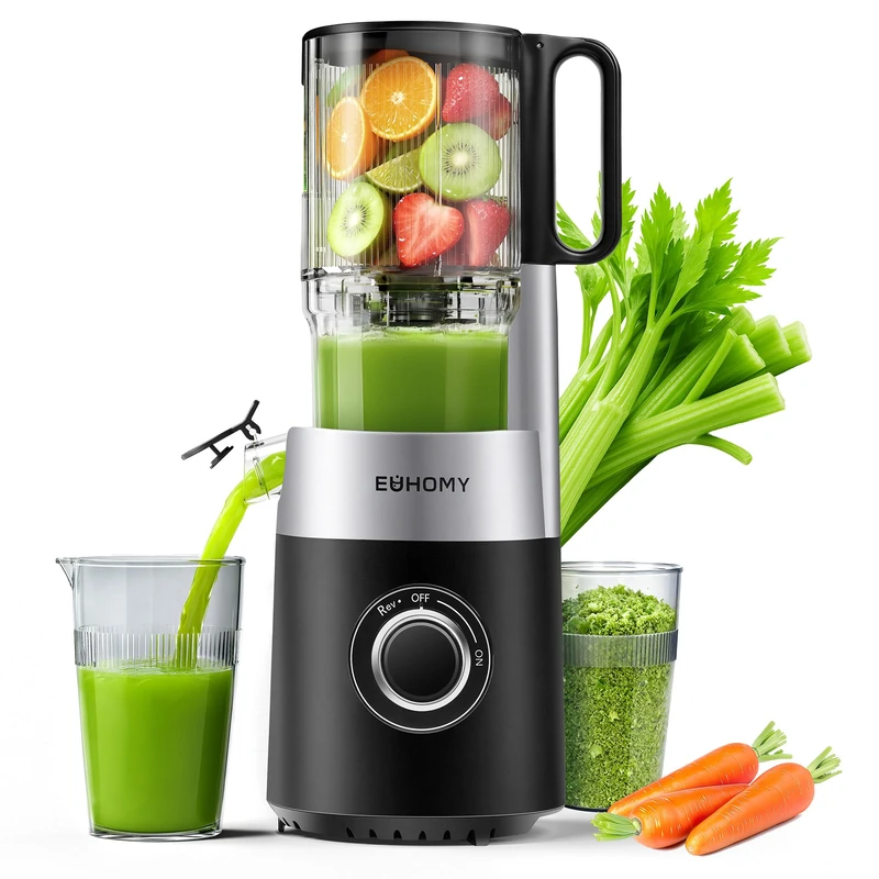 EUHOMY 135mm Electric Juicer with 220W Motor for Fruit and Vegetables 1.5L with 2 Cups Easy Clean Black Silver - Image 1