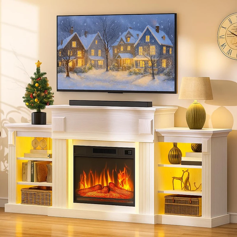 YITAHOME Electric Fireplace TV Unit, 72" White with Cabinets