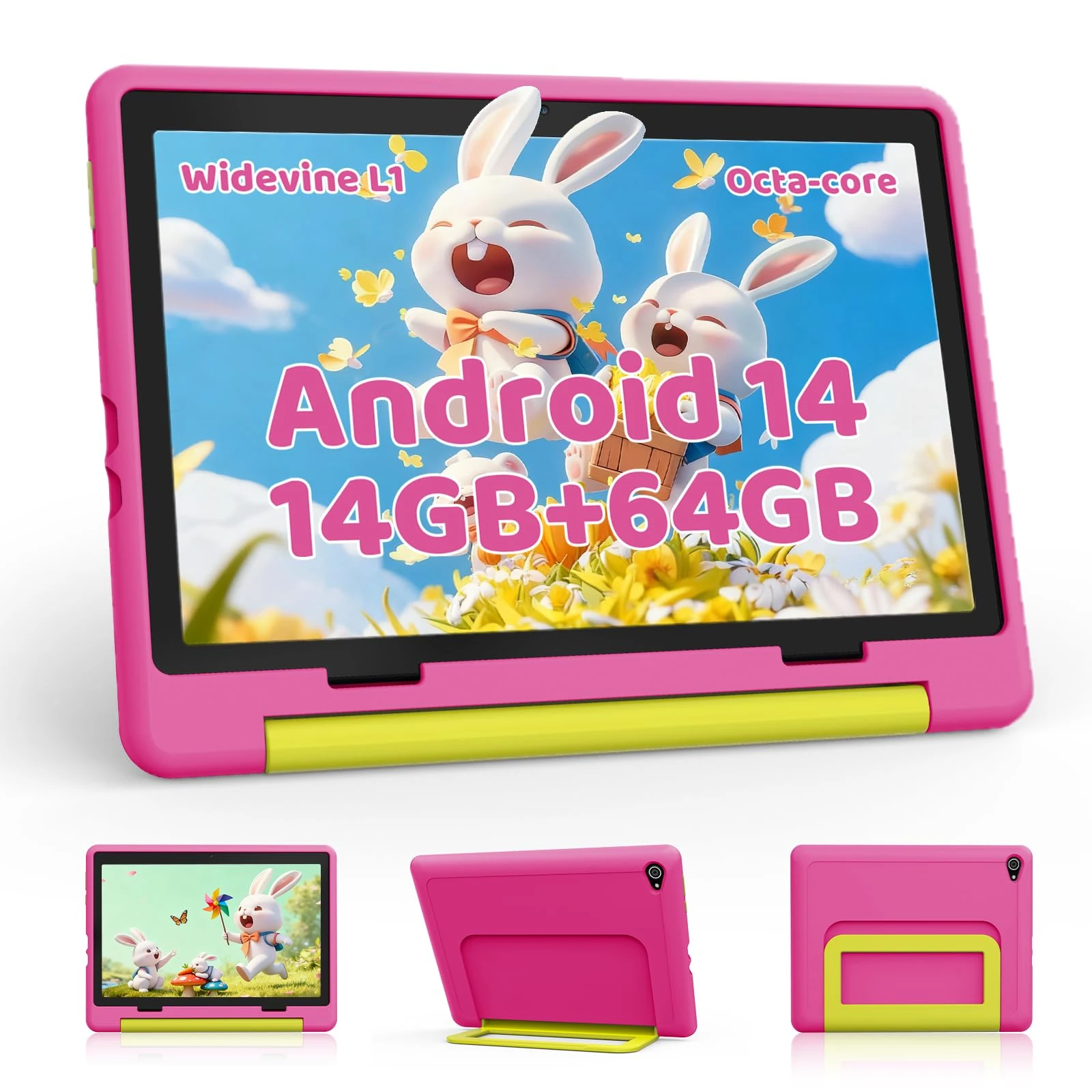 Laptok 10 Inch Kids Tablet, Android 14 Tablet for Kids With 14GB+64GB+1TB Expandable, Octa-Core Processor, Face ID, 5MP+8MP, 5000mAh, Parental Control, 5G WiFi 6, BT 5.3, Protective Case,Pink