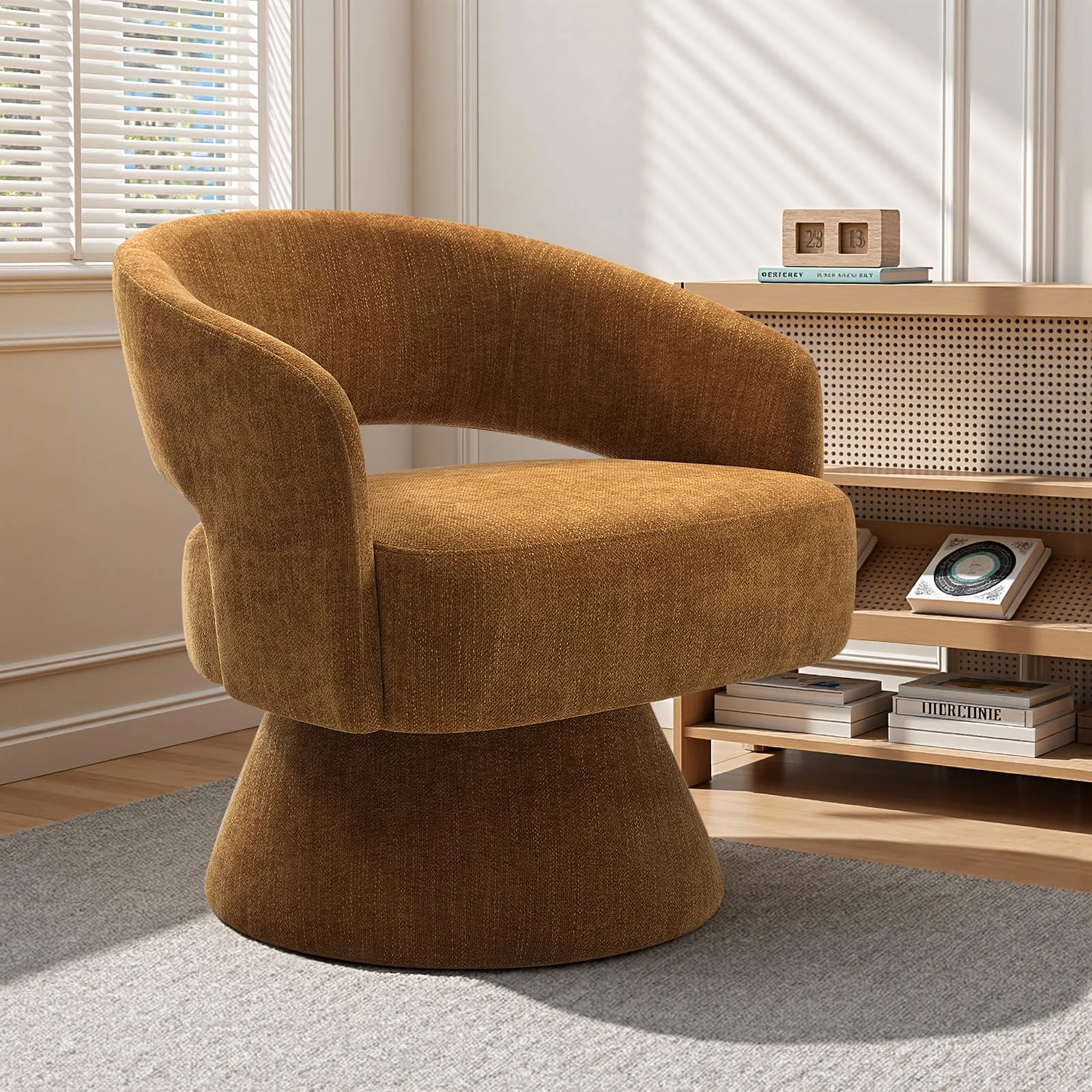 Bekrvio 360 Degree Swivel Armchair Accent Chair for Living Room, Modern Comfy Farbric Round Barrel Armchair, Open Back, Plush Foam Cushions, Metal Swivel Base for Bedroom Reading