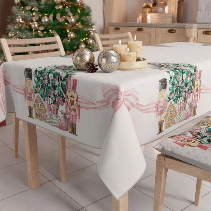 PETTI Artigiani Italiani Stain-Resistant Tablecloth Christmas – 140x300 cm Rectangular Festive Table Cover for Kitchen or Dining Table, Pink Toy Soldiers Design – 14 Seats, 100% Made in Italy