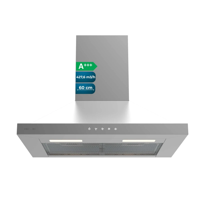 Cecotec Bolero Flux PT 604000 Stainless Steel Extractor Hood 600 cm A+++. Suction 427.6m3/h, 3 Speeds, SS Touch Control, Stainless Finish, Low Consumption, DC Motor, LED Light, Filters Included