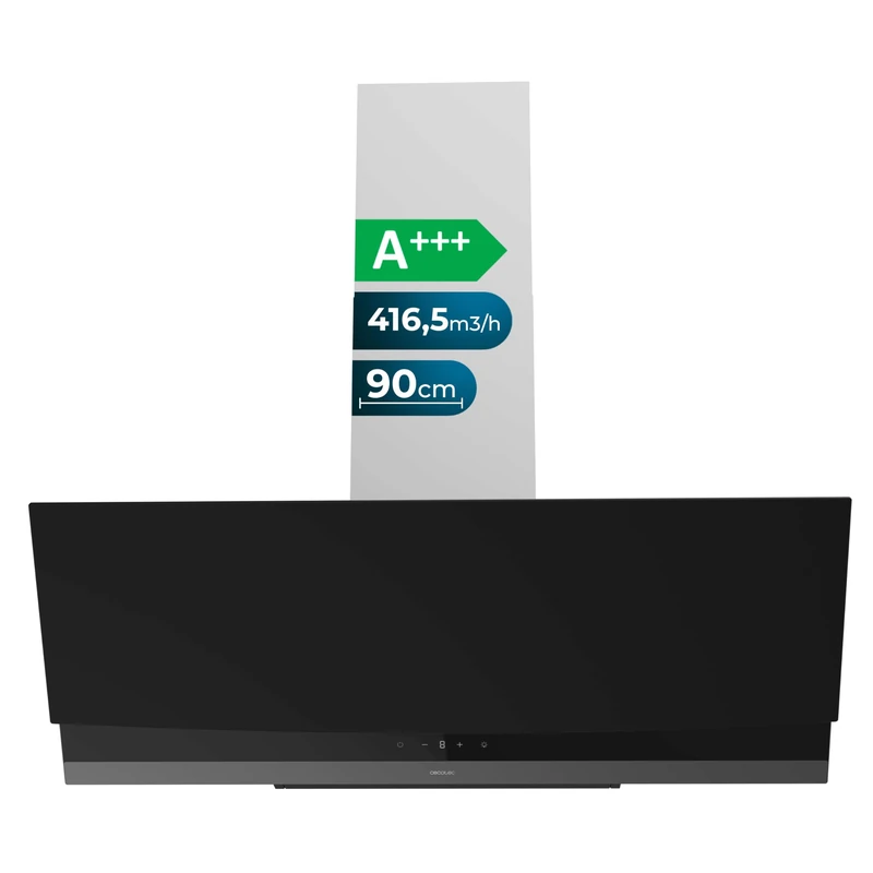 Cecotec Bolero Flux DT 904400 Matt Black A+++ Extractor Fan Hood 90 cm Decorative Suction 416.5m³/h, 3 Speeds, Low Consumption, DC Motor, Motion and Touch Control, Matte Glass, Stainless Body