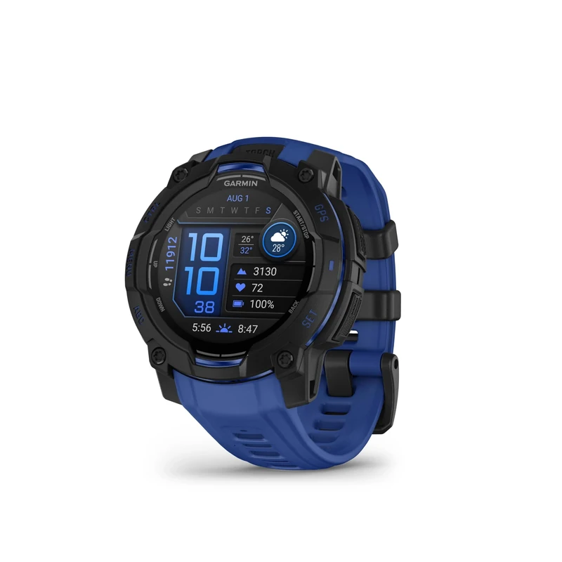 Garmin Instinct 3, 45mm AMOLED Rugged GPS Smartwatch,Built in Sports Apps and Health Monitoring, LED Flashlight, Shock Resistant, 10ATM, Up to 18 days Battery Life, Black/Bolt Blue