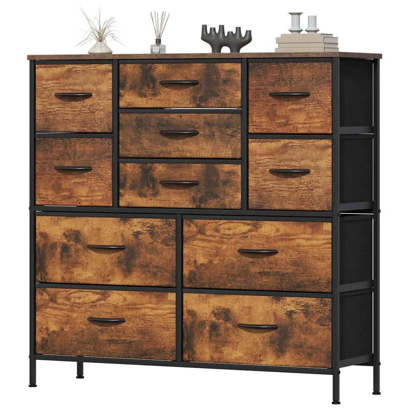 Feonase Chest of Drawers, Bedroom Tall Dresser with 11 Fabric Drawers, Metal Frame & MDF Wood Top, Adjustable Feet, Storage Organizer Unit for Bedroom, Closet, Living Room, Hallway Rustic Brown
