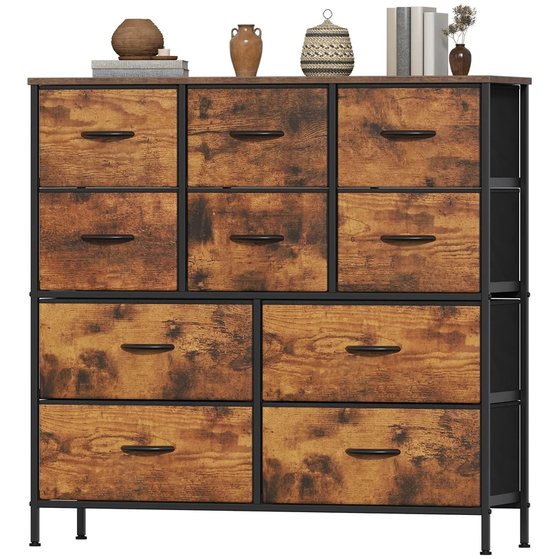 Feonase Chest of Drawers, Bedroom Tall Dresser with 10 Fabric Drawers, Metal Frame & MDF Wood Top, Adjustable Feet, Storage Organizer Unit for Bedroom, Closet, Living Room, Hallway Rustic Brown