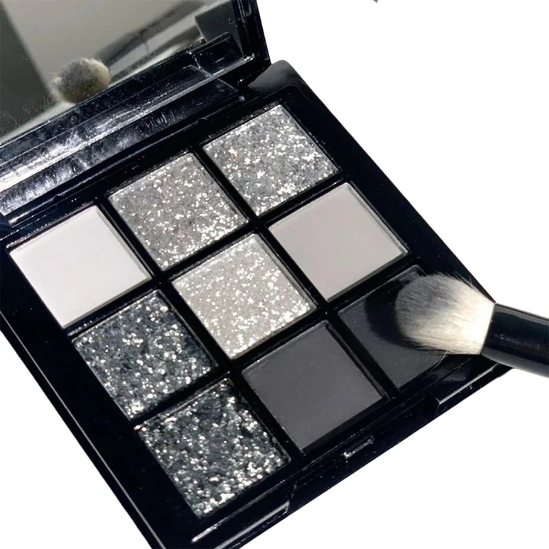 9-Color Smokey Eyeshadow Palette | Black, Dark Grey, White & Silver Shades, Waterproof & Highly Pigmented | Long-Lasting Makeup with Mirror for Women