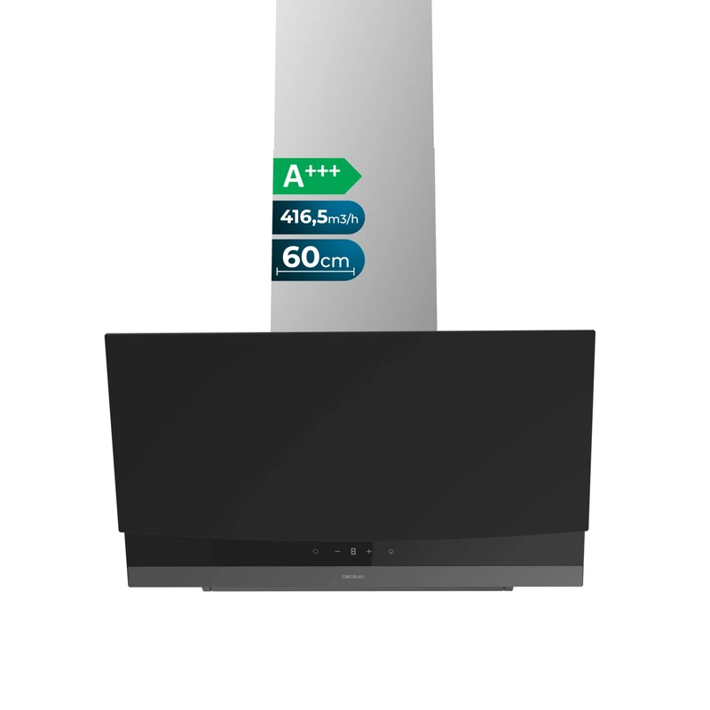 Cecotec Bolero Flux DT 604400 Matt Black A+++ Cooker Hood 60 cm Decorative Extractor Hood 416.5m³/h, 3 Speeds, Low Consumption, DC Motor, Motion and Touch Control, Matte Glass, Stainless Body