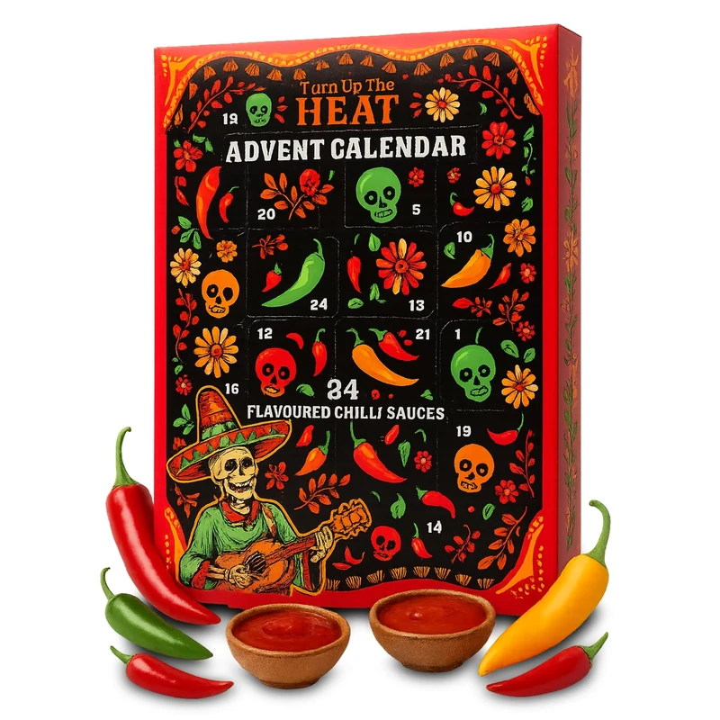 Turn Up The Heat Hot Sauce Advent Calendar – Chilli Sauce Gift Set With 24 x 18ml Sauces, Hot Sauces Gift Set for Men Features 8 Spicy Seasoning Flavours - Adult Foodie Gifts for Christmas Countdown