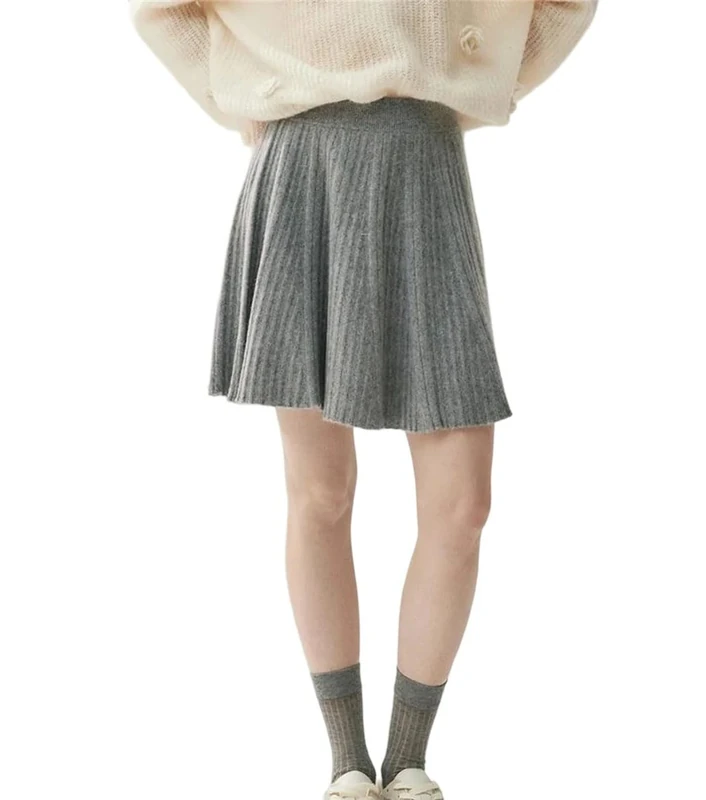 Cashmere Pleated A-Line Mini Skirt - Women's Elastic Waist Gray