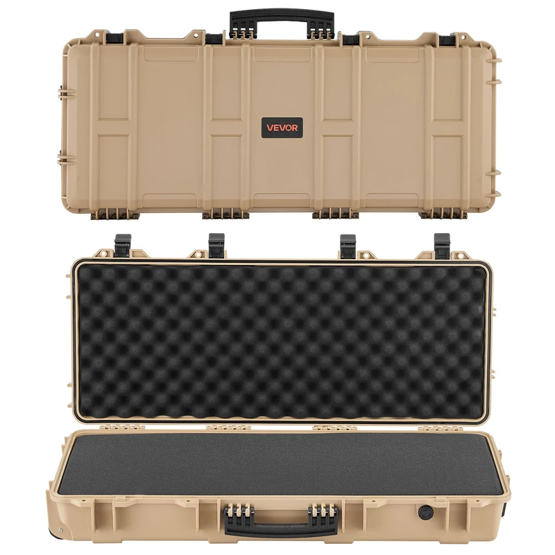 VEVOR Hard Rifle Case, Lockable Rifle Case with 4 Layers Pre-Cut Foams, 914 mm Gun Storage with Wheels, IP67 Waterproof & Dustproof Pistol Storage Cases for Rifles, Shotguns, Airsoft Guns, Khaki