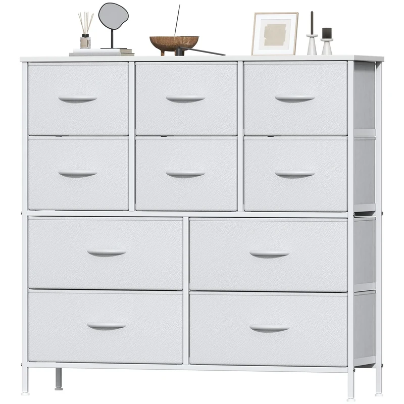 Feonase Chest of Drawers, Bedroom Tall Dresser with 10 Fabric Drawers, Metal Frame & MDF Wood Top, Adjustable Feet, Storage Organizer Unit for Bedroom, Closet, Living Room, Hallway, White