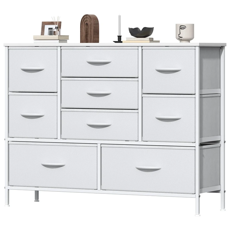 Feonase Chest of Drawers, Bedroom Dresser with 9 Fabric Drawers, Metal Frame & MDF Wood Top, Adjustable Feet, Storage Organizer Unit for Bedroom, Closet, Living Room, Hallway, White