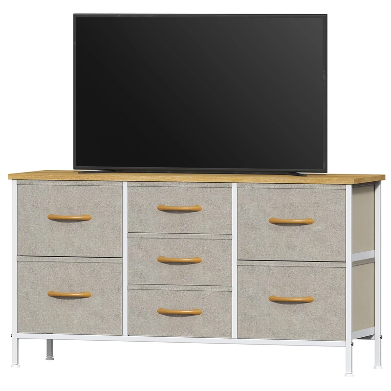 Feonase Bedroom Chest of Drawers, Small Dresser with 7 Fabric Drawers, Metal Frame & MDF Wood Top, Adjustable Feet, Storage Organizer Unit for Bedroom, Closet, Living Room, Hallway, Khaki