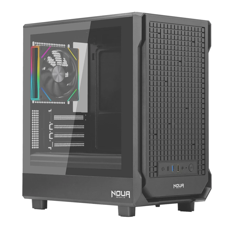 Noua | MicroATX LK100 Gaming Case | Black, Mesh Front Panel, Tempered Glass Side | ARGB 120mm Fan, Liquid Cooling Support, USB 3.0 Ports | Mini-ITX Compatibility